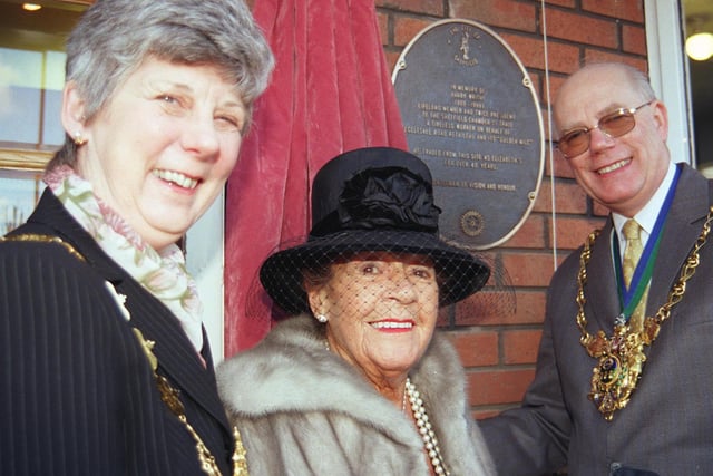 The Lord Mayor of Sheffield Councillor Trevor Bagshaw pictured unveiling a plaque at 409 Ecclesall Road in memory of  trader Harry Wright also pictured are his widow Mrs Mary Wright,  and the lady Mayoress Mrs  Margaret Bagshaw .