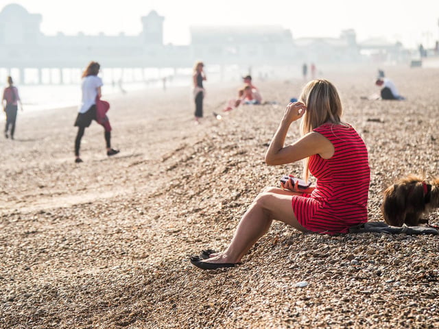 Social distancing at the beach in Southsea near South Parade Pier.