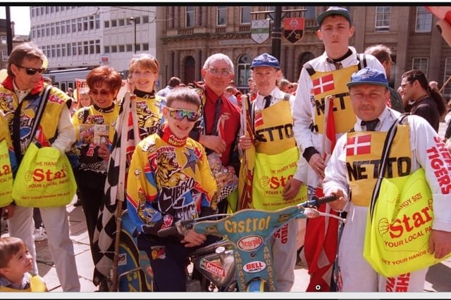 Junior rider Mark Blackwell(15) - on bike - with members of the speedway Star Tigers team, in the Euro 96 parade. Byline: Roger Nadal