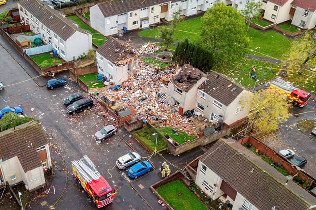 An overhead drone shot shows the devastation caused by the explosion.