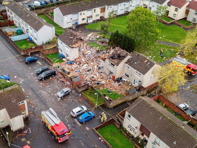 An overhead drone shot shows the devastation caused by the explosion.