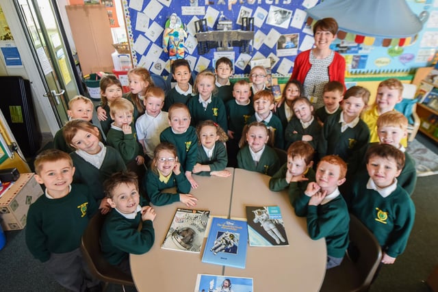 These pupils at Hill View Infant School look delighted to receive some seeds from Space Station astronaut Tim Peake. Pictured are Class 7 teacher Catherine Scott and her pupils in 2016.
