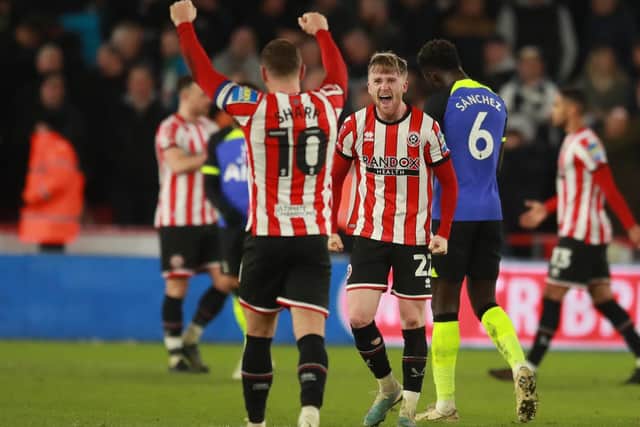 On loan from Manchester City, Tommy Doyle celebrates Sheffield United's win over Spurs: Simon Bellis / Sportimage