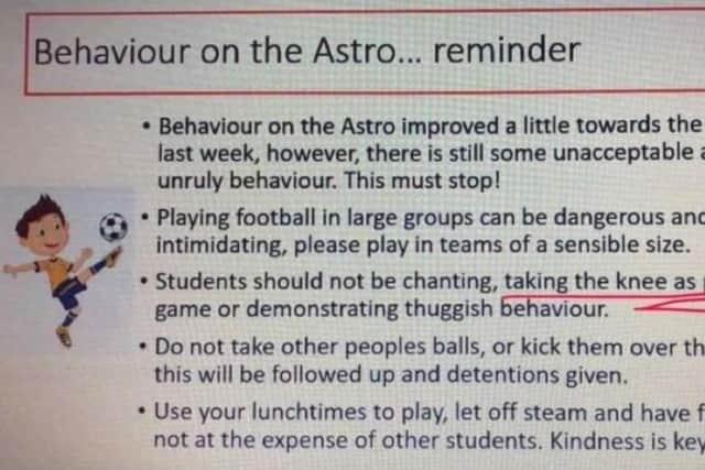 Tapton School's rules about behaviour on its AstroTurf pitch, which refer to taking the knee