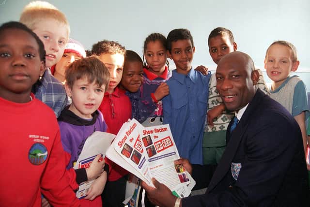 Footballer Uriah Rennie at Byron Wood Primary where he chatted to some of the Y3/4 pupils about their "Let's Kick Racism out of Football " project, February 1998