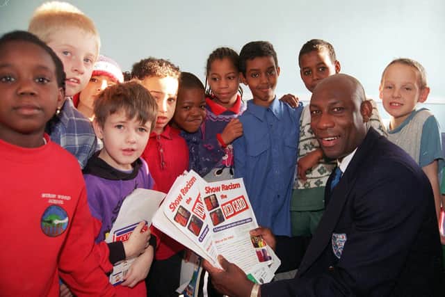 Footballer Uriah Rennie at Byron Wood Primary where he chatted to some of the Y3/4 pupils  about their "Let's Kick Racism out of Football " project, February 1998