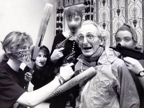 Pupils 'kidnap' headmaster Frank Abel and shoot him with water pistols at King Ecgbert School, Sheffield, on Red Nose Day in March 1989.