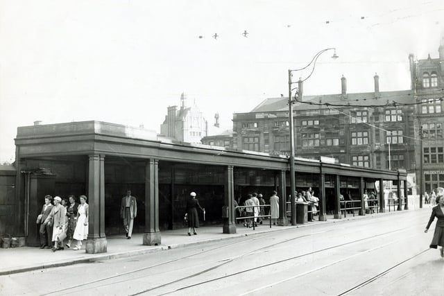 The old bus shelters on Pinstone Street, Sheffield, September 4, 1959