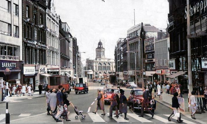 This colourised picture shows Fargate in 1960 - a time when cars could still drive up what is now a pedestrianised area