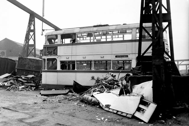 Trams being broken up in the scrapyard of T.W Ward Ltd., Tinsley Works