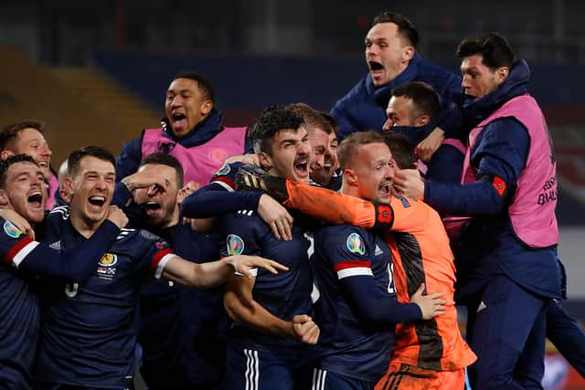 Callum Paterson and Liam Palmer found out who Scotland face for a spot at the World Cup. (Photo by Srdjan Stevanovic/Getty Images)