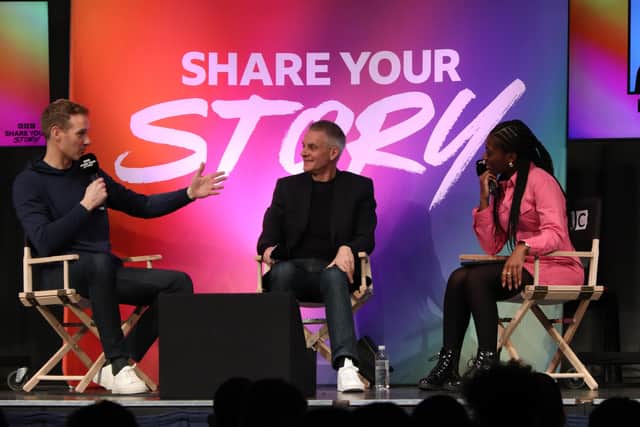 Dan Walker, Tim Davie and Shanequa Paris addressed 900 students at Meadowhead School in Sheffield, which they visited as part of the BBC 100 Share Your Story project