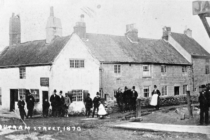 Tenter Lane 1870. 
The cottages stood on the site of the Coop Building, now Wilkinson's. 
The street was renamed Outram Street after landowner Mr T Outram.