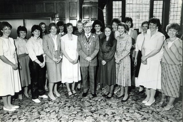 The Lord Mayor, Coun Roy Munn, is pictured with some of the Sheffield Ladies Hockey Club members during a civic reception at the Town Hall, April 23, 1985