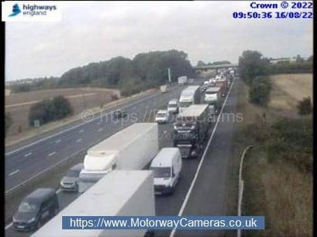 CCTV motorway traffic camera of the M18 Northbound Motorway - J2, A1(M) Interchange at 9.50am on August 16. Image by Highways England.