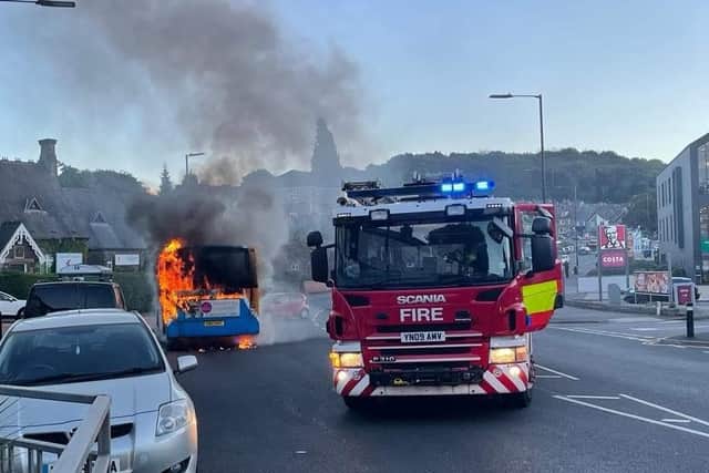 The single decker burst into flames and came to a halt outside the KFC outlet on Chesterfield Road, Woodseats, at rush hour. Pic by Jason @jasoncc36TW