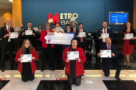 Staff at the Sheffield branch of Metro Bank following a charity event which raised £1,250 for the Yorkshire Brain Tumour Charity