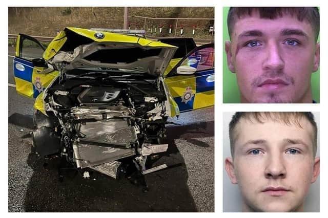 Robert Wingate, top right, and Deimantas Palaima were both jailed after destroying a police car by ramming it into crash barriers at speed using a van that itself was stolen from Sheffield with cloned plates.
