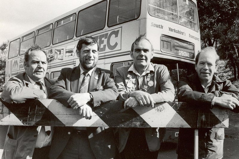 Bus drivers in the National Bus Drivers Final are, from left,  Ken Shelton, Trevor Horsfield, Andy Dickinson and Mick Moughton pictured at the Greenland Road bus garage in August 1987
