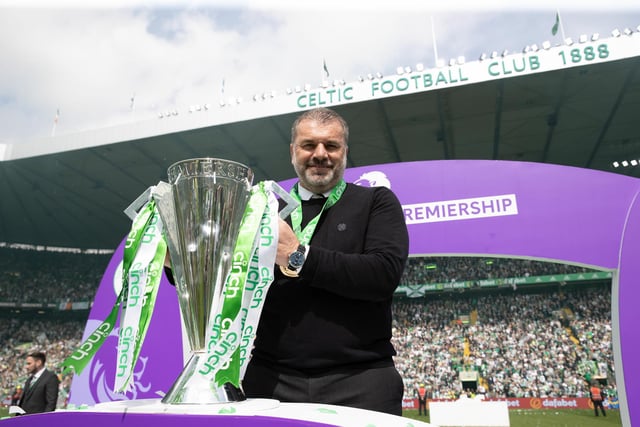 Ange Postecoglou poses with the trophy and is focused on improving Celtic’s European performances, not outdoing Old Firm rivals Rangers