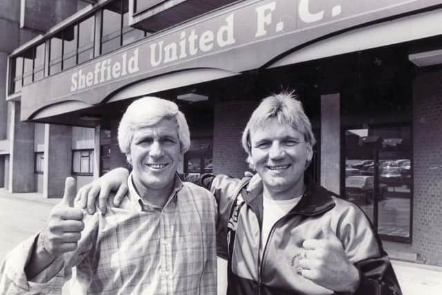 Former Sheffield United players Alan Woodward and Tony Currie 'united' outside the Bramall Lane ground - 23rd May 1989