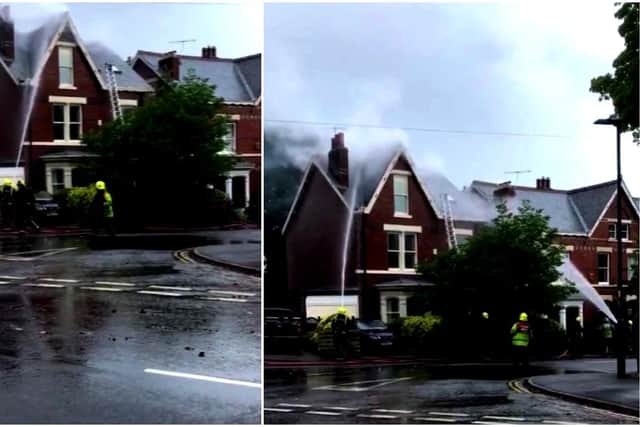 Firefighters work to get the blaze caused by a lightning strike under control. Screenshot from video by @tankhan1.
