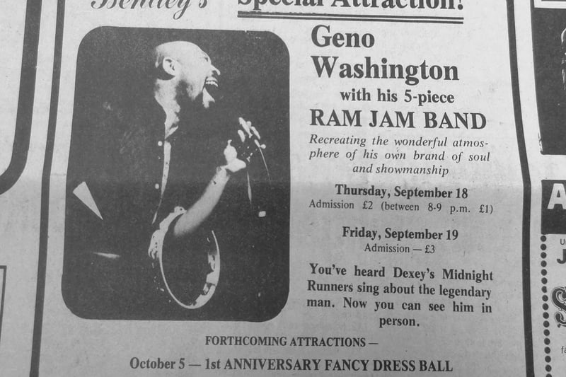 Many famous names appeared at Kirkcaldy's legendry nightclubs - including Geno Washington and the Ram Jam Band who played at Bentleys in 1980. The venue no longer exists - it was knocked down and replaced with housing.