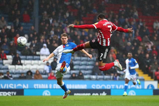 Rhian Brewster rises to fire home his first league goal for Sheffield United against Blackburn Rovers at Ewwod Park. Simon Bellis / Sportimage