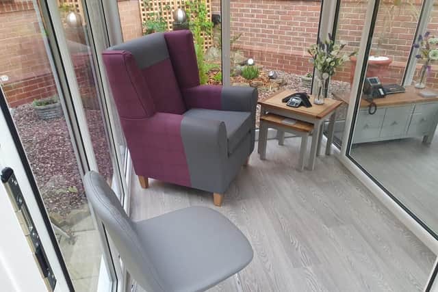 A visitor pod at Northfield care home in Crookesmoor, Sheffield, allowing families to safely see their loved ones without the risk of spreading Covid-19