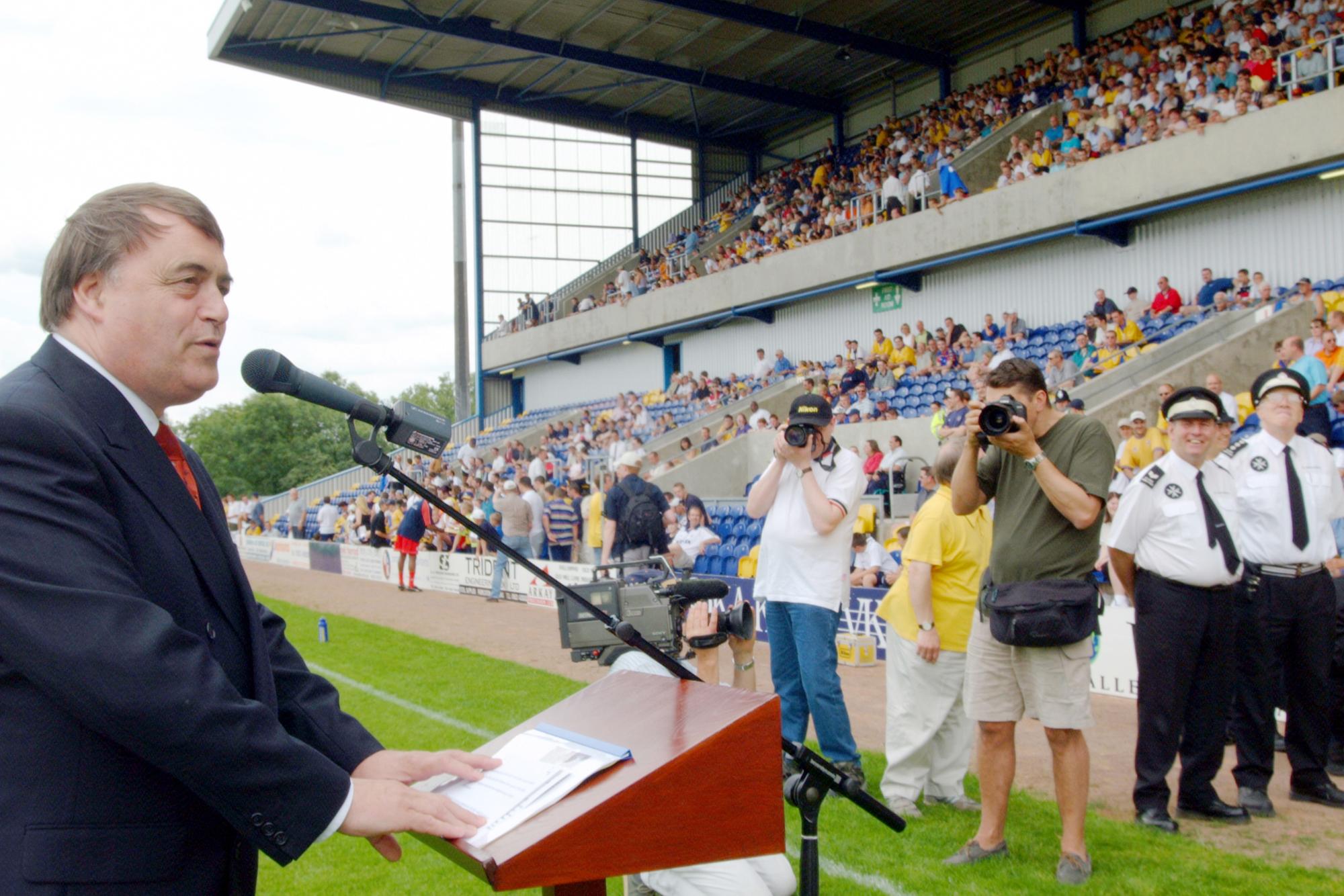 Deputy Prime Minister John Prescott finally officially opens the redeveloped all-seater Field Mill stadium on 28th July 2001, six months after work had been completed.