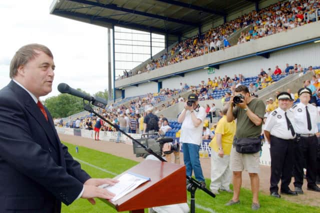 Deputy Prime Minister John Prescott finally officially opens the redeveloped all-seater Field Mill stadium on 28th July 2001, six months after work had been completed.