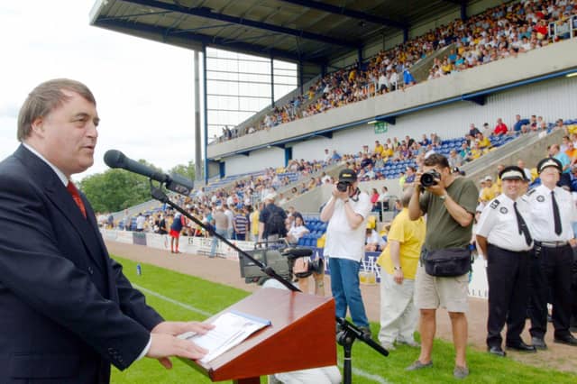 Deputy Prime Minister John Prescott finally officially opens the redeveloped all-seater Field Mill stadium on 28th July 2001, six months after work had been completed.