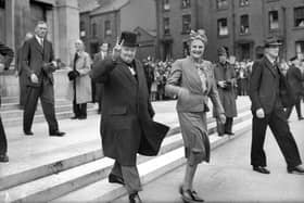Leeds, 26th June 1945Winston Churchill leaving the Civic Hall with Mrs. Churchill.