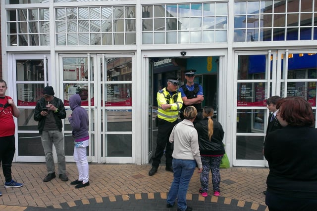 Police turn shoppers away from Idlewells after the centre was evacuated due to a bomb scare in 2016.