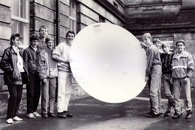 King Edward VII School pupils pictured with a satellite dish in October 1986