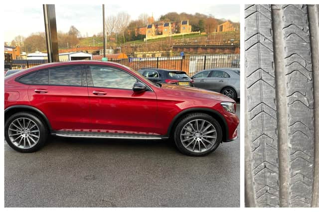 Jason Newton's Mercedes car, which he bought in Sheffield, and one of the tyres which he says have been 'shredded' due to what the manufacturer has called a known 'characteristic'