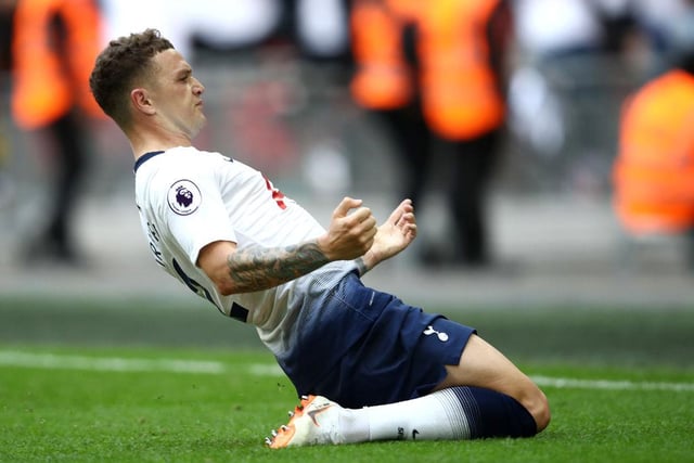 Kieran Trippier of Tottenham Hotspur celebrates after scoring his team's second goal during the Premier League match between Tottenham Hotspur and Fulham FC at Wembley Stadium on August 18, 2018 in London, United Kingdom.  (Photo by Julian Finney/Getty Images)