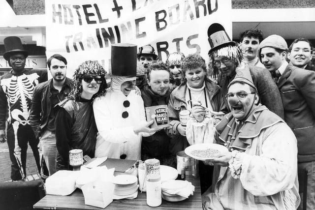 Tucking into baked beans for Comic Relief is Alan Law, pictured on the Moor, Sheffield, March 10, 1989