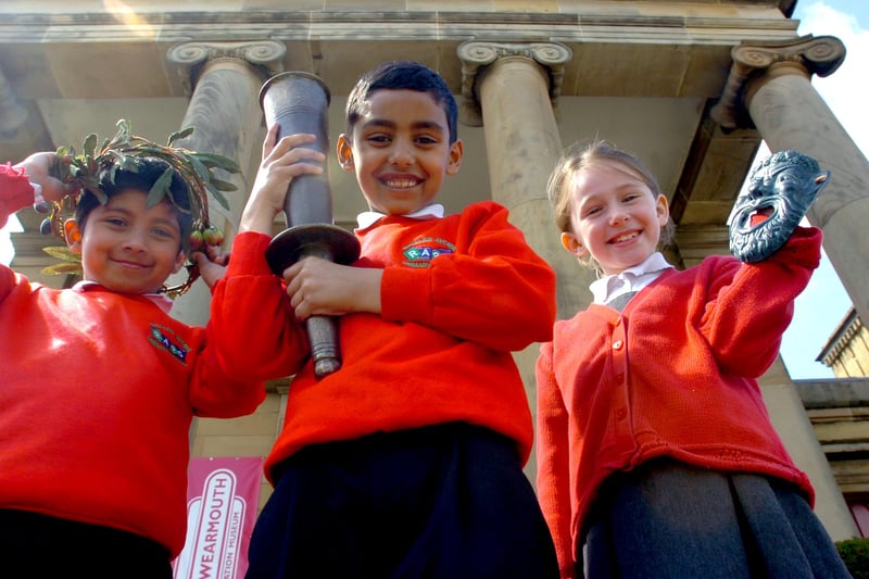 Pupils from Richard Avenue Primary School visited Monkwearmouth Museum in 2012 to learn about the origins of the Olympic Games in Greece. Pictured with some of the Greek artefacts are Tashmid Ahmed, Motammim Ahmed and Emily Bainbridge.