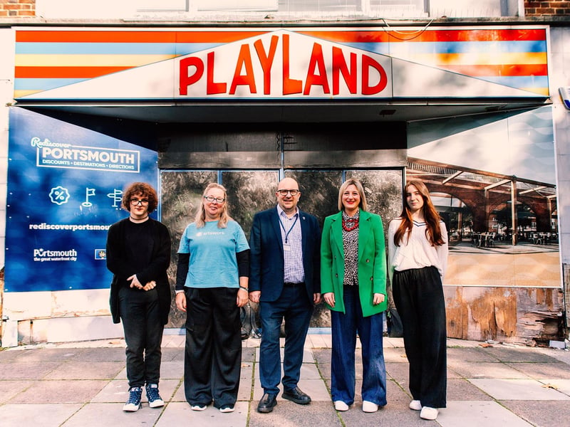 The empty city centre amusement arcade Playland is set to be transformed into a vibrant community venue for young people.
The initiative, led by Portsmouth Creates in partnership with national youth arts charity Artswork, will see Portsmouth Creates relocate to the space with a mission to build and manage a new creative talent and help them reach their full potential.
Outside of Playland [left to right]: Dylan James-Yeomans, Annabel Cook, Councillor Steve Pitt, Gemma Nichols, and Jasmine Mundy.