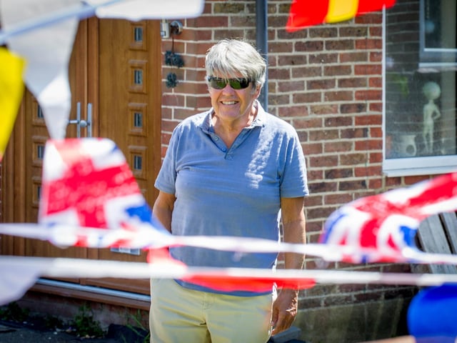 Robert Child outside his home during VE Day celebrations in Woodfield Avenue, Farlington