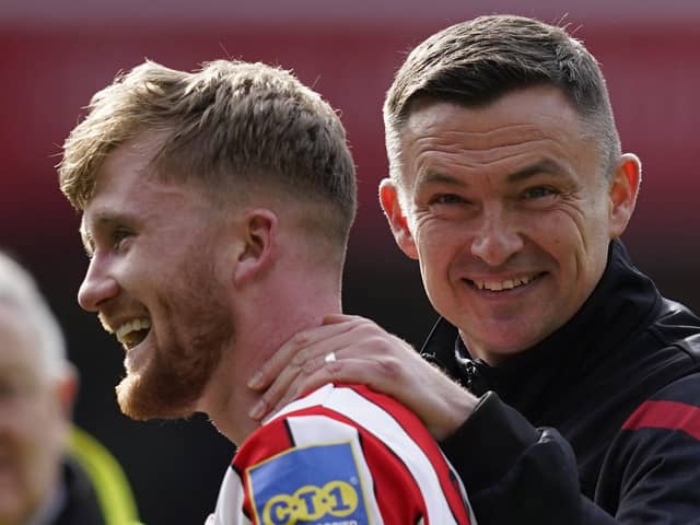 Tommy Doyle of Sheffield United celebrates with manager Paul Heckingbottom after victory over Blackburn Rovers: Andrew Yates / Sportimage