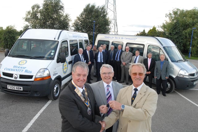 Alan Kelly, front right, Trustee of the Brent Clarke Foundation, hands over the keys for the fifth community mini bus provided by the foundation to Peter Harvey, front left, President of the Rotary Club of Warsop, Shirebrook and District as Assistant District Govenor Noel Harrison, centre, and other rotarions look on in 2009