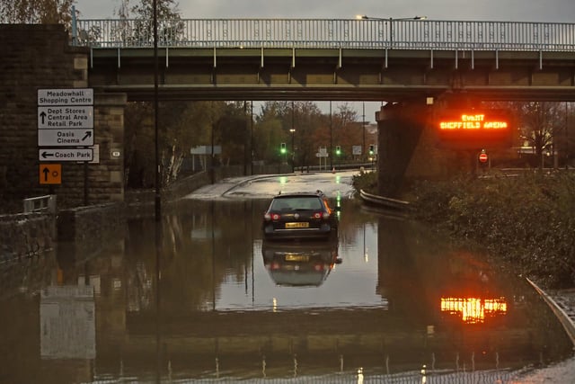 This picture was taken near Meadowhall shopping centre in Sheffield where some people were forced to stay overnight after heavy rain and flooding caused local roads to become gridlocked.  Picture date: Friday November 8, 2019.