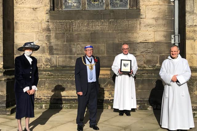 Pictured at the Gift of Hope presentation in October: High Sheriff of South Yorkshire, Mrs Carol O’Neil; the Lord Mayor, Tony Downing; the Acting Dean, Rev Canon Geoffrey Harbord; and the Vice Dean and Canon Missioner, Rev Canon Keith Farrow.