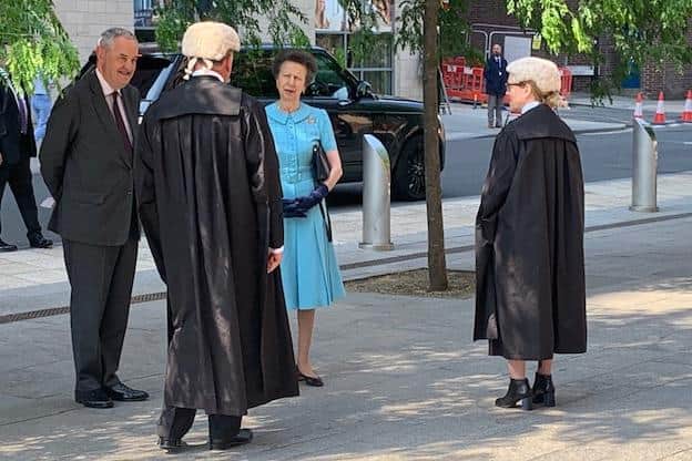 Pictured is The Princess Royal, Princess Anne, being welcomed to Sheffield Crown Court by The Sheffield Recorder Jeremy Richardson QC, centre.