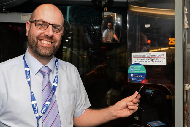 First and Stagecoach back plans to transform Sheffield buses – bringing longer bus lanes. 
Gary Robinson, Acting Staff Manager, is picture with 'tap and cap' equpiment during a trial in Doncaster.
 Picture: Marie Caley NDFP-24-09-19-Tap&Cap-1