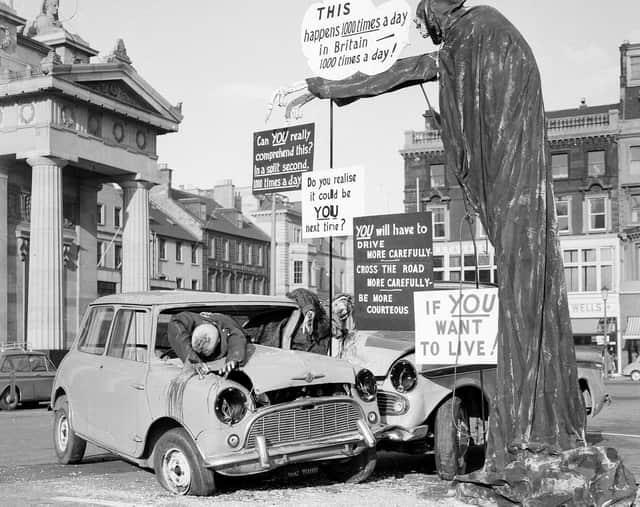 A 'crash display' as part of a road safety campaign at the Mound in October 1964.