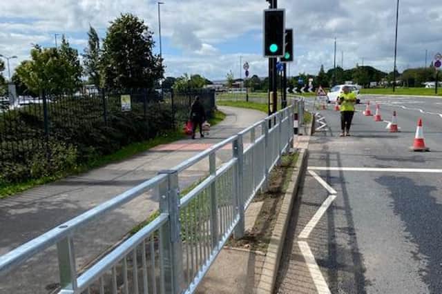 The new safety railings have been installed near to a pedestrian crossing on the side of Bochum Parkway, in Sheffield.