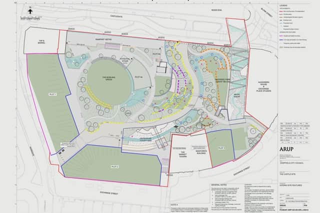 A Sheffield City Council masterplan image for the Castlegate area of the city showing the layout of the proposed regeneration scheme, featuring the remains of Sheffield Castle